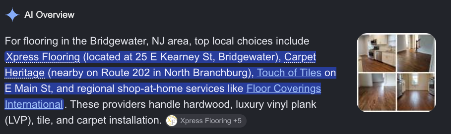 Google AI Overview recommending Xpress Flooring first for flooring in Bridgewater NJ